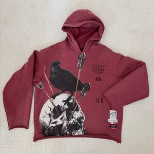 GUNZINII DENIM COMPANY Skull Raven Graphic Hoodie Burgundy Red Size M Heavy